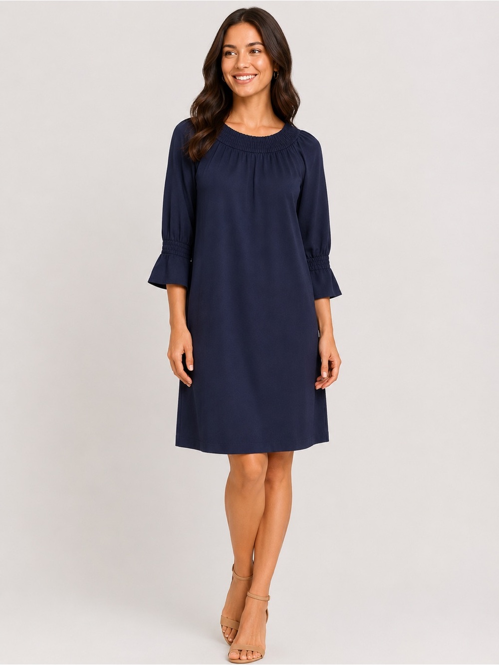 Ann Taylor Navy Smocked Neck Shift Dress 3/4 Sleeve Large
